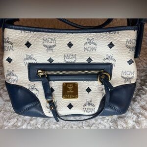 Authentic MCM Visetos Navy and Cream Canvas Leather shoulder bag